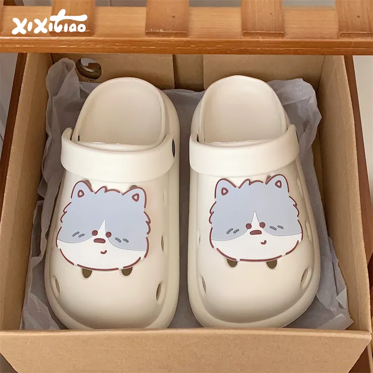 细细条 情侣个性软底包头拖鞋户外ins呆萌小灰狗女士度假洞洞鞋男