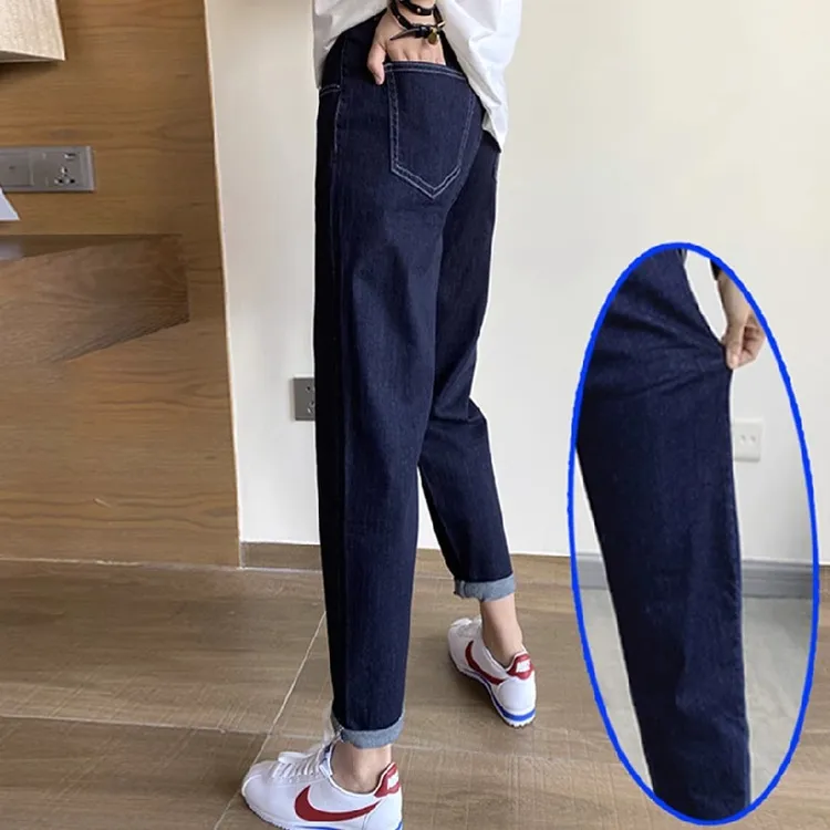 梨形身材秋季新款深蓝牛仔裤女显瘦松紧腰老爹裤大码哈伦萝卜裤