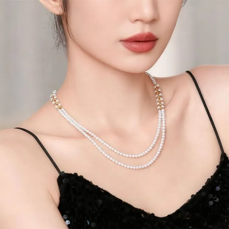 铜合金仿珍珠项链 双层珍珠项链女麦穗长项链百搭秋冬毛衣链配饰