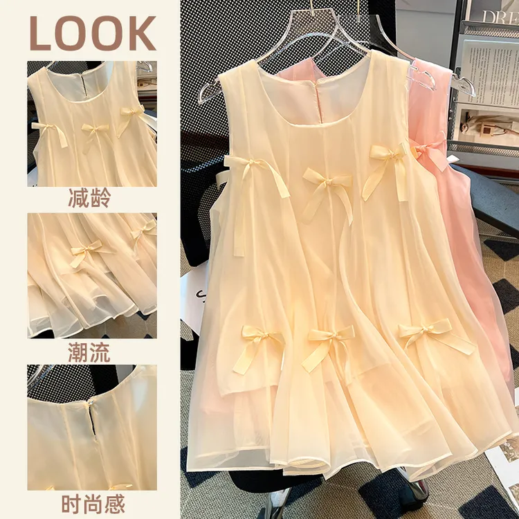 甜美可爱网纱蝴蝶结圆领无袖背心夏季清凉宽松显瘦超仙蓬蓬上衣女