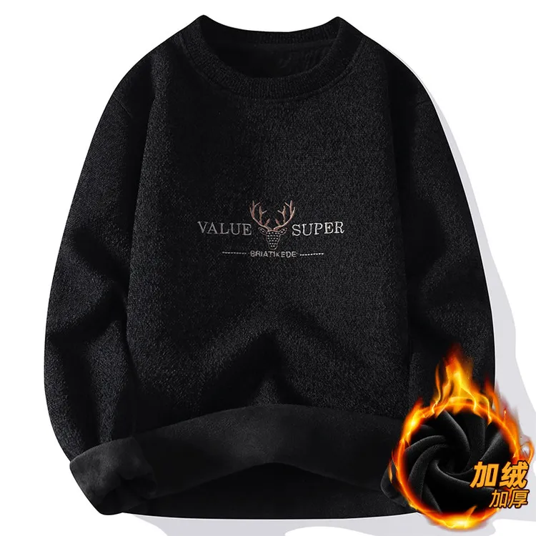 男青年冬季一体绒针织圆领套头字母刺绣打底毛衣走量款