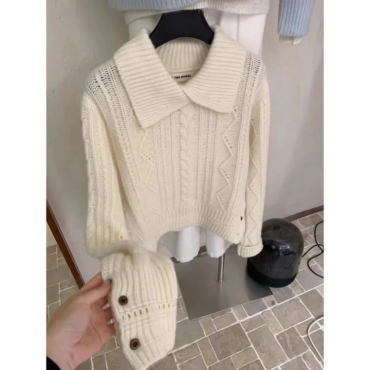 好看！白色翻领麻花套头毛衣女秋冬宽松慵懒风外穿加厚针织衫上衣