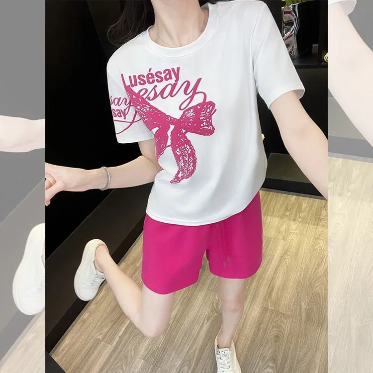 网红同款夏季薄款运动套装印花短袖+裤子跑步服