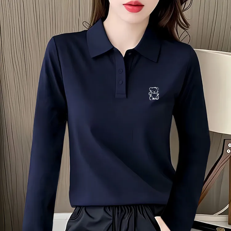 新品春秋季时尚POLO领长袖T恤女宽松显瘦休闲百搭棉质打底衫上衣