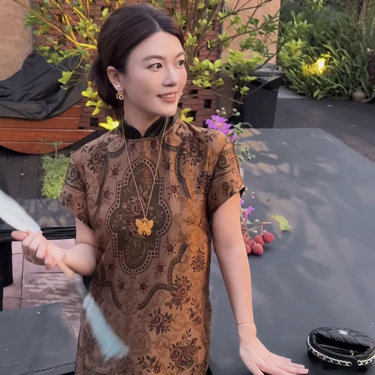曼辰manchenh"凤仪牡丹"古法重缎香云纱桑蚕丝长上衣