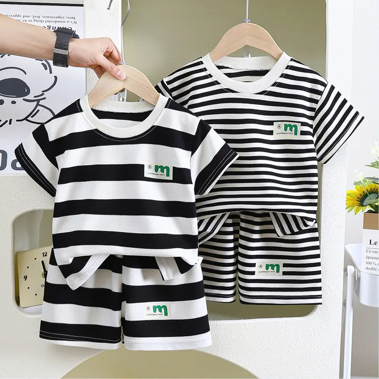韩版儿童条纹短袖短裤两件套夏季舒适潮气套装童装男女孩通用