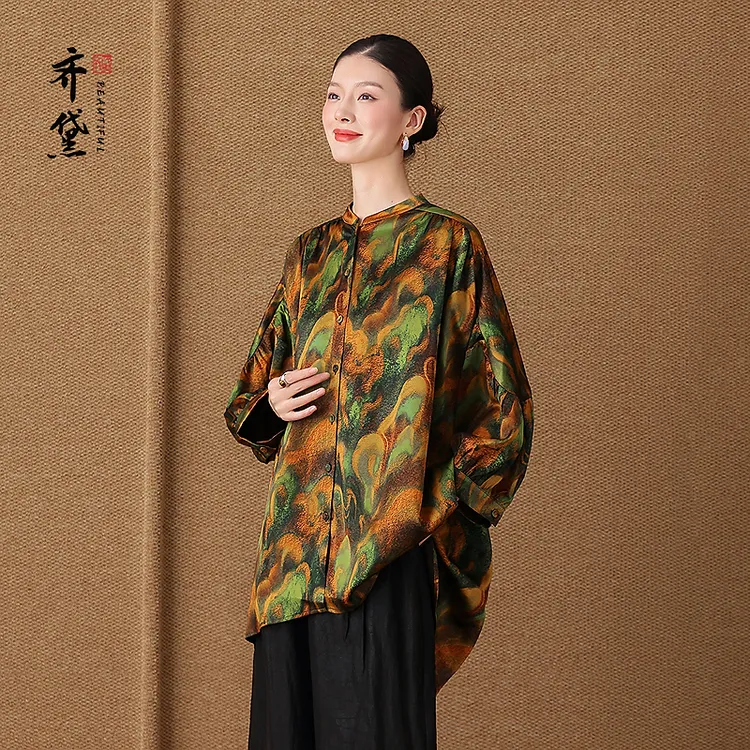 齐黛杭州名牌香云纱上衣女2025秋新款长袖宽松200斤妈妈真丝衬衫
