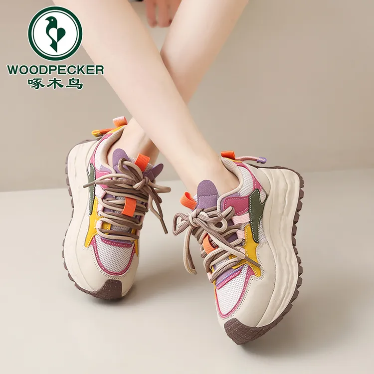 啄木鸟阿甘鞋女款2025新款春季网面厚底学生运动鞋老爹鞋增高软底
