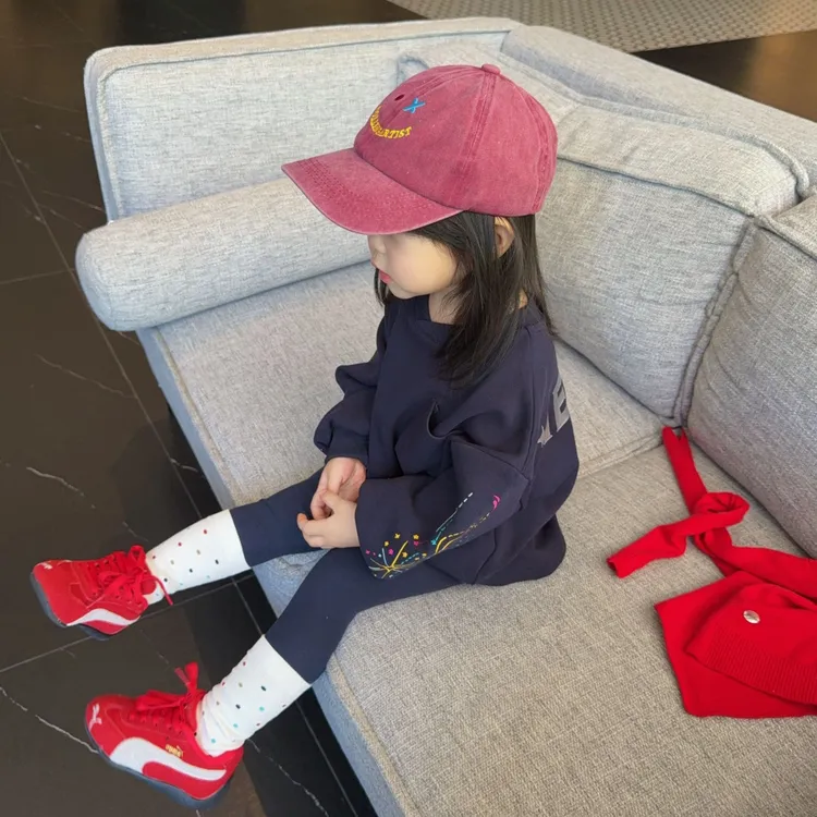 壹妈韩范童装女童秋季套装新款洋气女宝藏蓝色字母卫衣百搭打底裤