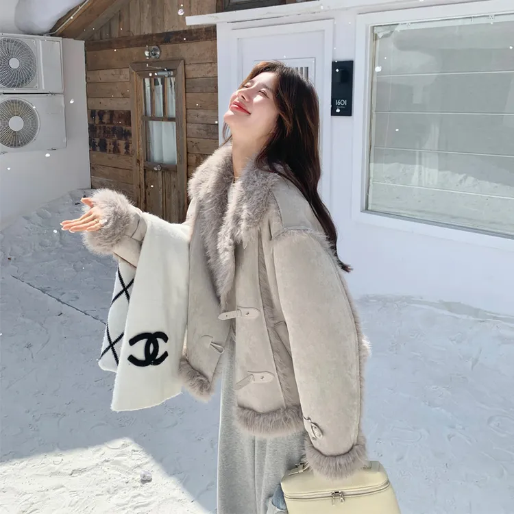 冬季韩版ins风皮毛一体外套2025新款小众百搭氛围感加绒加厚棉衣