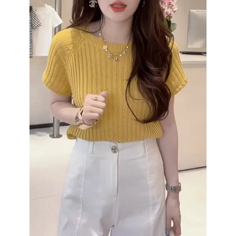 黄色短袖针织衫女2025新款夏季小个子高级感修身显瘦百搭洋气上衣