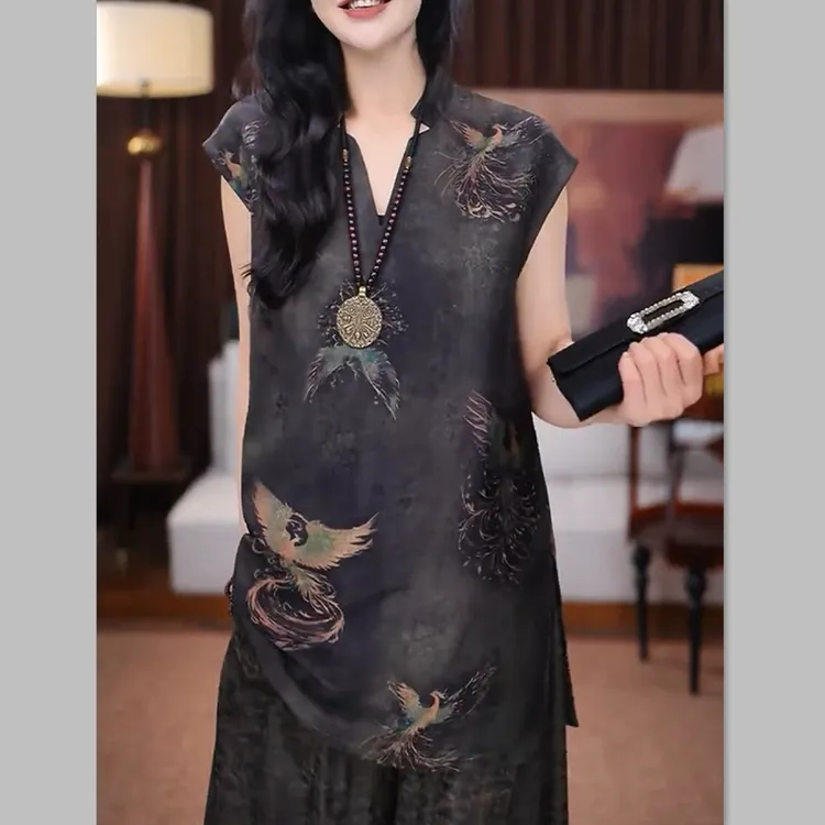 新中式国风黑色红云纱花萝提花短袖衬衫女夏季洋气老钱风唐装上衣