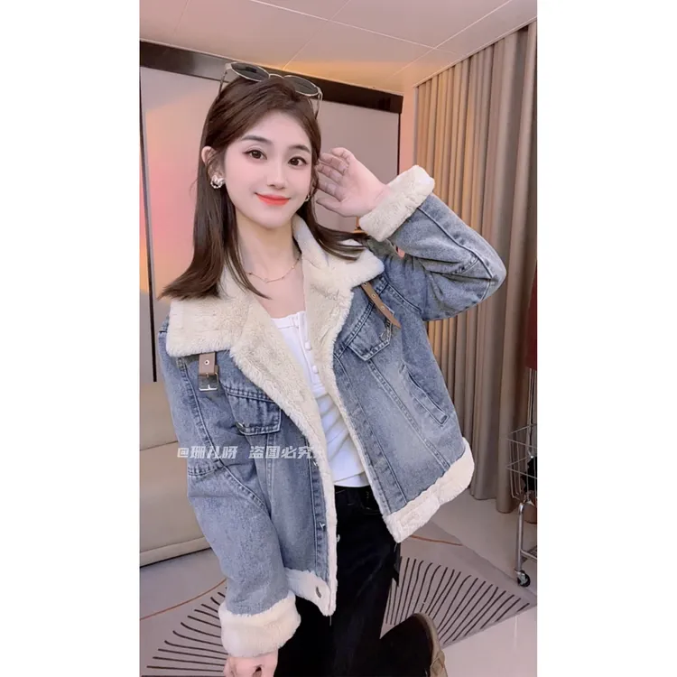 复古韩版毛领加绒牛仔外套女2025秋冬新款时尚保暖立领宽松显瘦潮