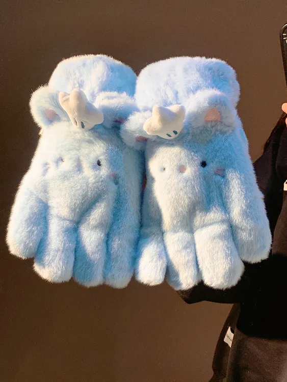可爱蓝色鼠王毛绒五指手套女冬季保暖加绒加厚防风骑行车2025新款