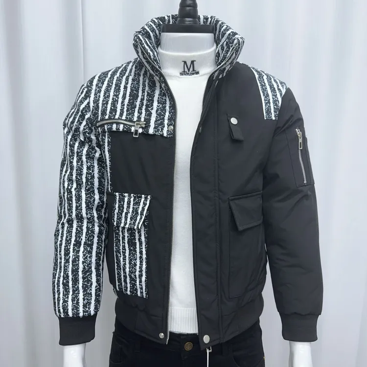 时尚条纹拼接休闲棉服外套男士潮牌男装冬季百搭保暖工装加厚棉衣