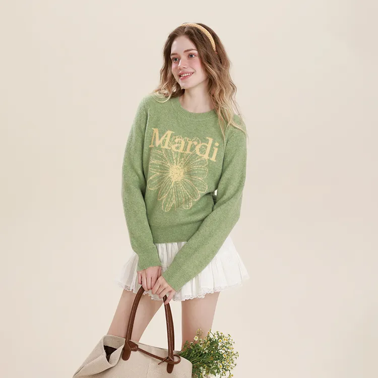 Mardi玛尔帝秋季服装新款套头领毛衣纯色秋冬圆领提花衫彩雏菊