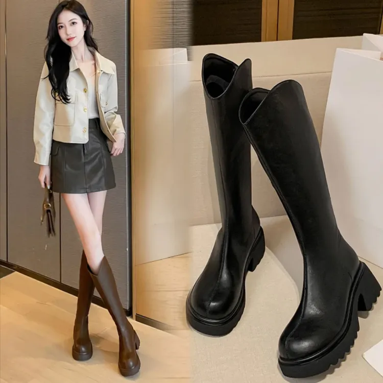 不过膝高筒长靴女秋冬2024年新款高跟厚底骑士靴粗跟增高长筒靴女