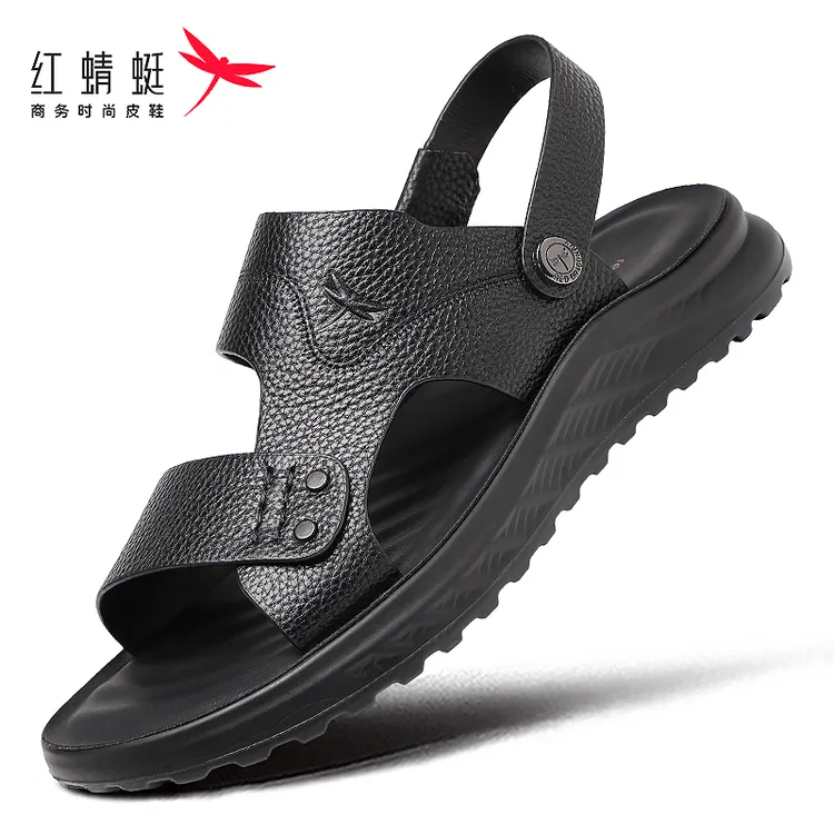 红蜻蜓夏款真皮沙滩鞋透气男士凉鞋头层牛皮软底软面外穿防滑防臭