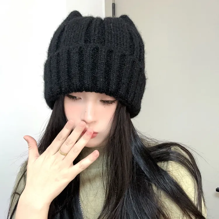 猫耳朵可爱毛线帽女秋冬加厚包头帽大头围百搭毛绒针织帽