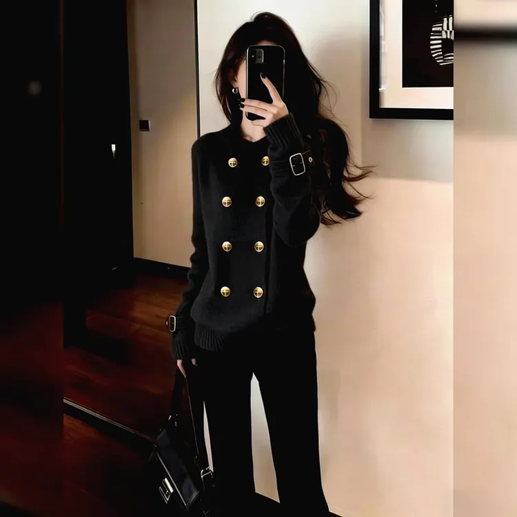 美式复古风时尚百搭休闲随性松弛黑色毛衣外套女2026冬双排扣开衫