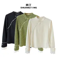 Jokara/丘可儿【墨禅】新中式蕾丝拼接国风衬衣复古盘扣打底上衣