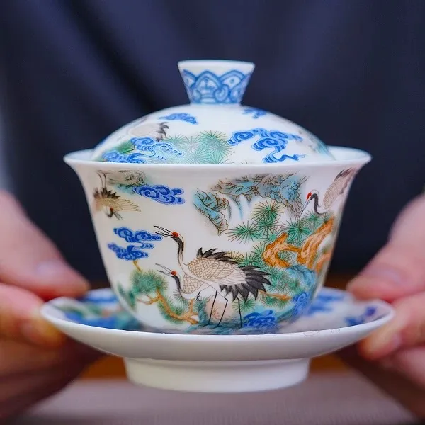 仙鹤珐琅彩潮汕功夫茶具高档家用陶瓷盖碗个人专用茶碗三才盖碗