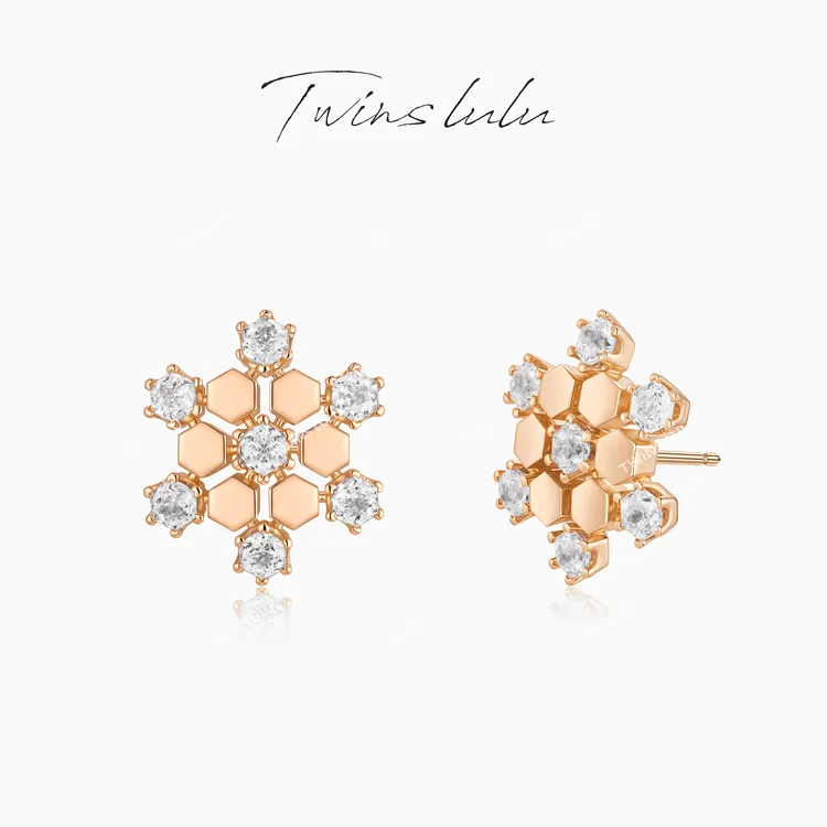 TWINS LULU【雪花】新年款时尚百搭气质蜂巢香槟金色耳环TSL3199