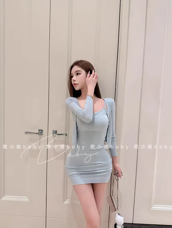 纯欲性感纽扣吊带连衣裙搭配开衫女新款修身包臀短裙裙子两件套潮