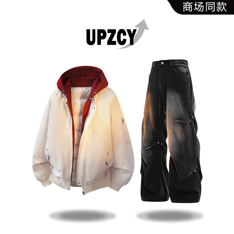 UPZCY痞帅拼接假两件棉衣套装男款冬季潮流渐变高街牛仔裤两件套