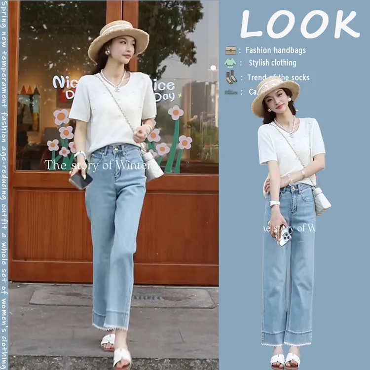 时尚一整套2025夏季新款圆领设计感短袖t恤百搭直筒拼接牛仔裤潮