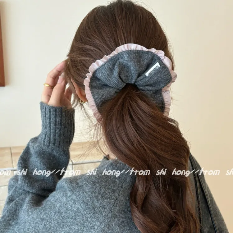 韩系灰色毛线针织花边大肠发圈女气质超大丸子头马尾头绳秋冬头饰