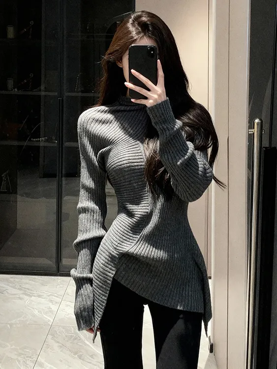 2025年冬季森林北同款灰色不规则毛衣气质高级感显瘦miu系针织衫