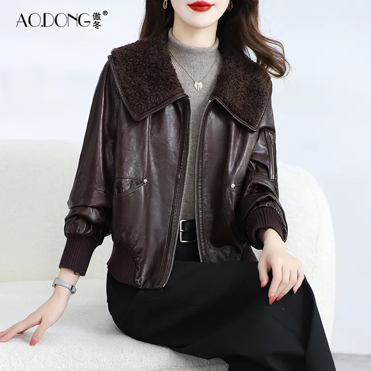 海宁真皮皮衣女短款高级感油蜡绵羊皮鹅绒服小个子羊毛领外套冬季