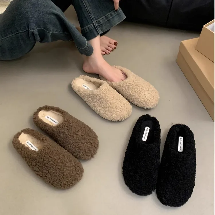 复古毛毛拖鞋女外穿2025冬季韩版平底懒人穆勒鞋加绒包头毛绒鞋
