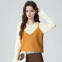 姜黄色V领针织马甲女春秋2025秋季新款叠穿长袖T恤两件套短款上衣