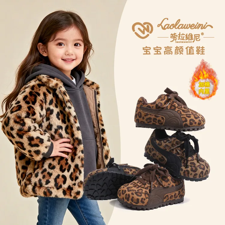 2025冬季加厚儿童豹纹德训鞋男女童休闲棉鞋宝宝运动鞋LLWNA39