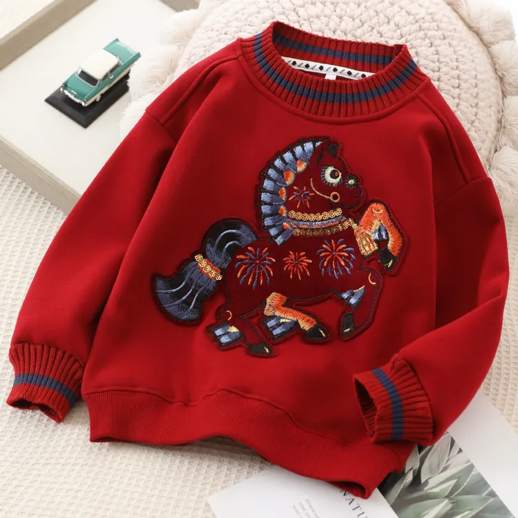 儿童重工贴布刺绣拜年服冬季新款男女童加绒卫衣中大童半高领上衣