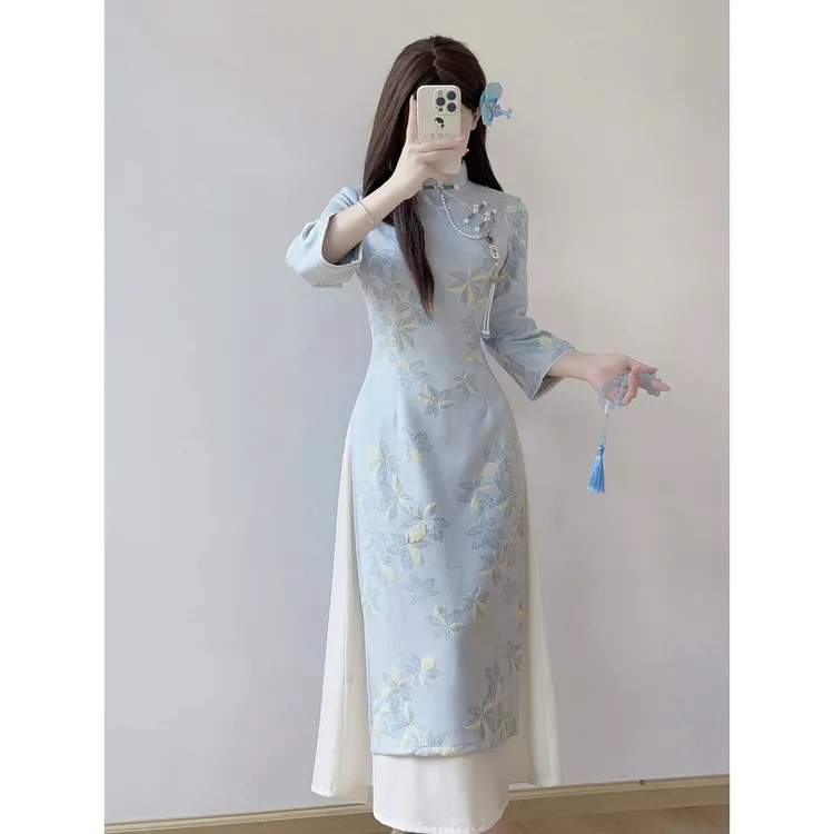 淡蓝色旗袍改良奥黛裙秋季长袖连衣裙新中式高腰修身遮肚子茶艺服