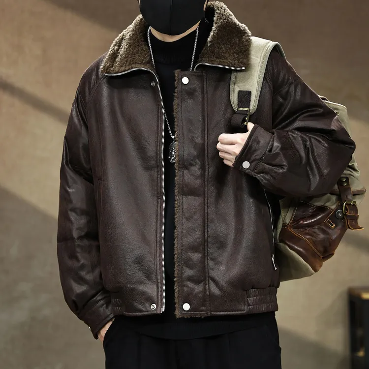 美拉德复古做旧PU皮衣外套男秋冬加绒加厚机车痞帅防寒皮夹克棉衣