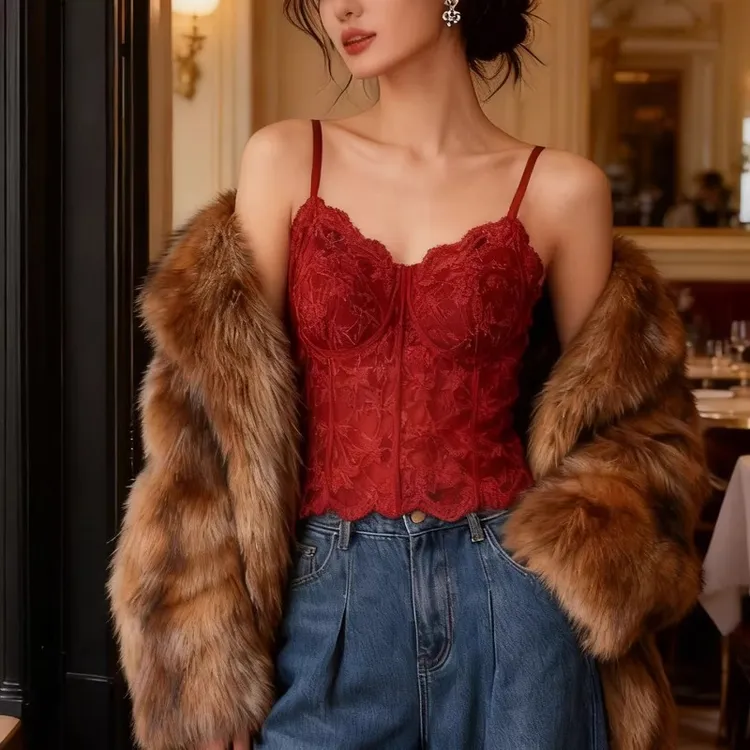 红色本命年保暖背心女带胸垫秋冬法式性感蕾丝修身内搭吊带打底衫