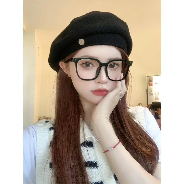 黑色新款呢贝雷帽女秋冬2025新款韩冬季防疯狂动物狐深顶贝雷帽