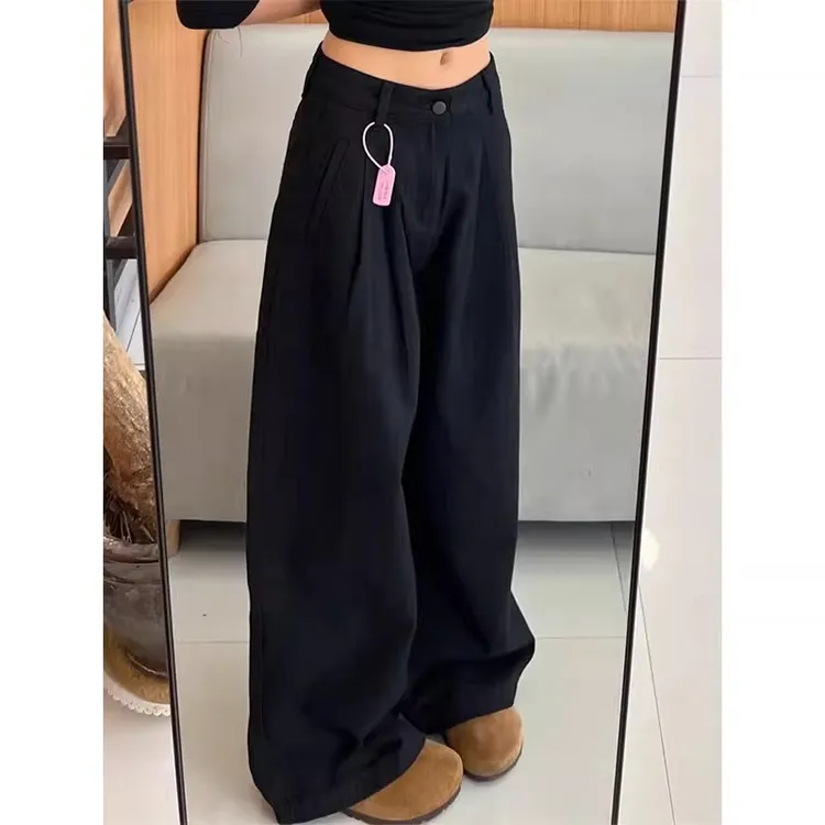 黑色纹理感设计高腰阔腿牛仔裤女2025秋季新款宽松遮肉显瘦拖地裤
