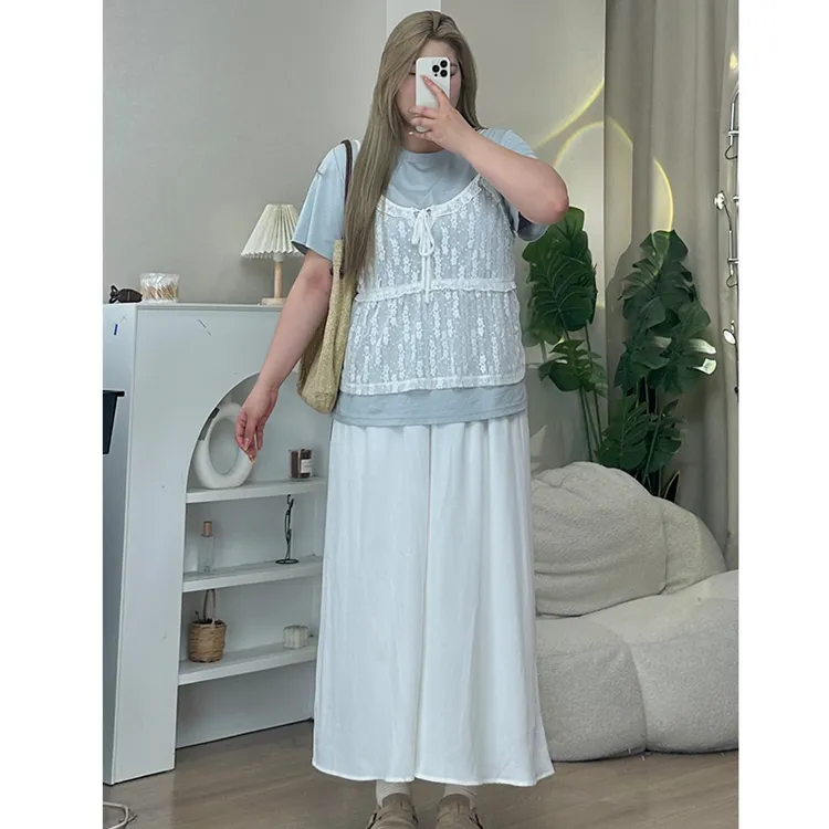 百搭蕾丝背心+小开叉纯色圆领T+设计感纯色宽松阔腿飘逸裙裤 6053