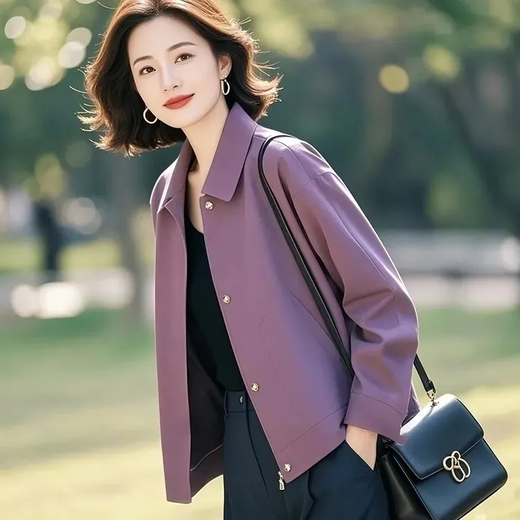 2025开春百搭休闲又酷又飒减龄小个子短款高级感紫色夹克薄款外套
