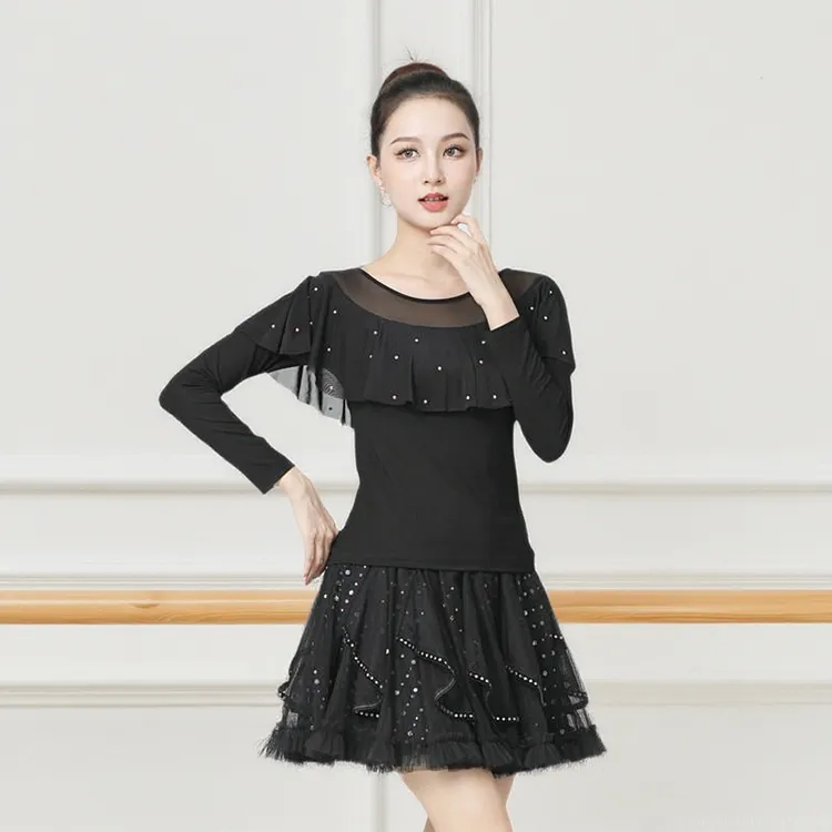 莫代尔烫钻长袖中袖交谊舞女吉特巴舞上衣广场舞服装荷叶边舞蹈服