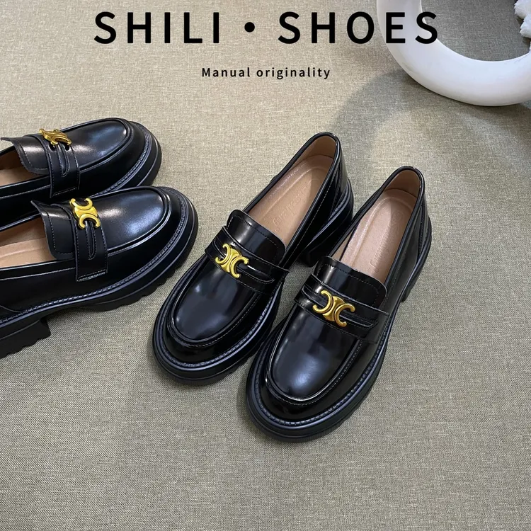 【SHILI】内增高7cm凯旋门金扣一脚蹬懒人乐福单鞋女小皮鞋真皮百搭