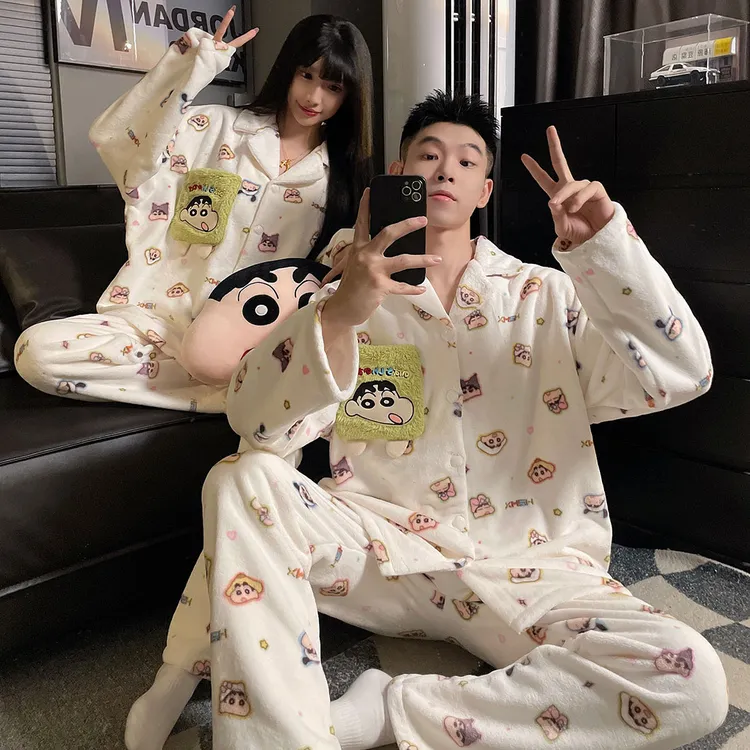 蜡笔小新情侣睡衣女秋冬季法兰绒加绒加厚男士卡通保暖家居服套装