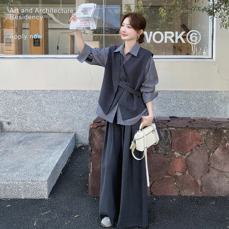 韩系设计感不规则马甲条纹衬衫长裤2025春秋新款松弛感早秋流光风