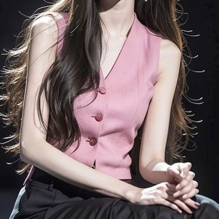 法式v领粉色马甲背心女设计感2025夏季独特别致漂亮小衫无袖手链