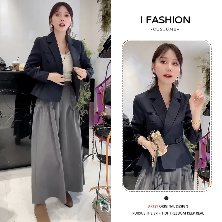 时尚气质套装女2026年春秋新款洋气百搭遮肉西装高腰阔腿裤两件套